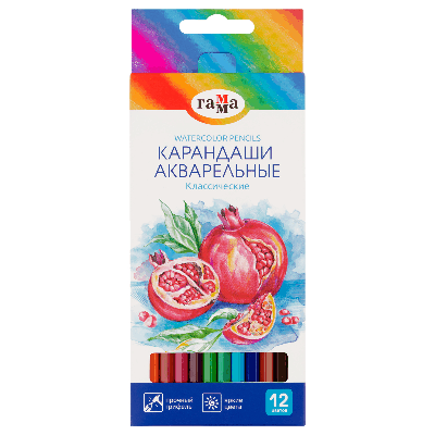 Карандаши акварельные Гамма 'Классические', 12цв., шестигранные, заточен., картон. упак., европодвес