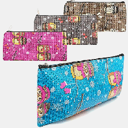 Пенал-косметичка ' KWELT ' 1 отделение 220*100мм Совы, цвет - ассорти (без возможности выбора цвета), искусственная кожа, индивидуальная упаковка дев