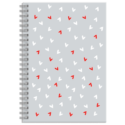 Блокнот. СЕРДЕЧКИ НА СЕРОМ. Формат А5. Количество листов - 48 л. Тип обложки - гребень по длинной стороне. Материал обложки - мелованный картон 270 г/м?. Печать обложки: полноцветн