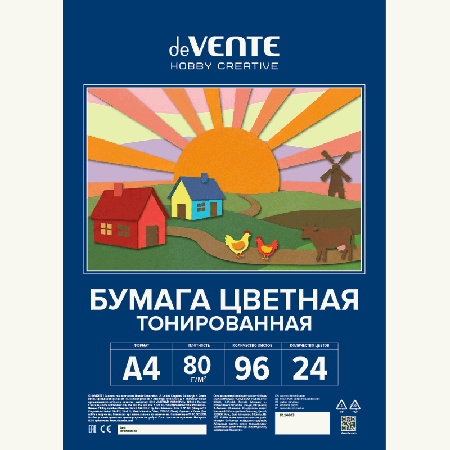 Бумага цветная тонированная двусторонняя A4 (210x297 мм) 'deVENTE. HOBBY CREATIVE' 80 г/м?, 24 цв, 96 л, в пластиковом пакете с европодвесом
