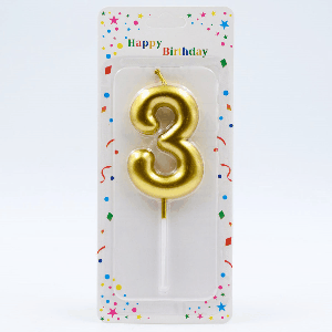 Свеча ЦИФРА '3' цвет золото 6см арт.1828 (12/600шт)
