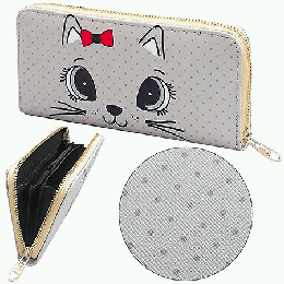 Кошелек ' KWELT ' на молнии Кошечка серый, отделение для монет на молнии, отделение для карточек, отделение для купюр, искусственная кожа, 19*10см