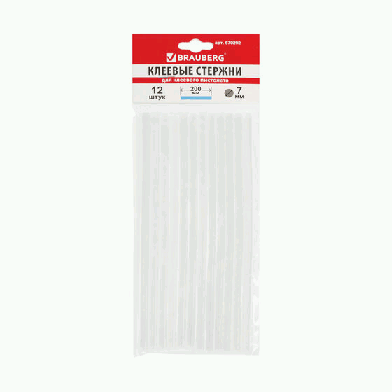 Клеевые стержни BRAUBERG, диаметр 7 мм, длина 200 мм, прозрачные, комплект 12 шт., европодвес, 670292