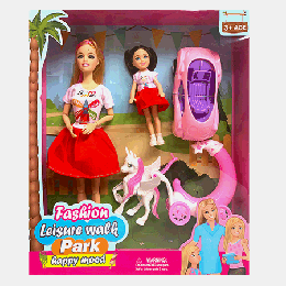 Кукла ' Fashion Leisure Walk ' набор: кукла 29,5см, кукла 13см, машина, пони с каретой, картонная упаковка, 28*33*6см