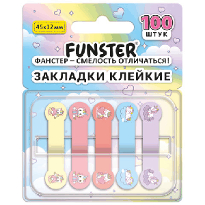 Закладки клейкие Z-сложения FUNSTER (ФАНСТЕР) 'Единороги', 45х12 мм, 100 шт. (5 цветов х 20 листов), в диспенсере, 116703