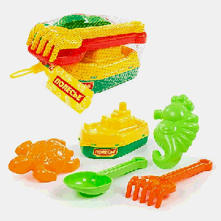 Песочный набор ' Полесье ' №370 в наборе: кораблик 'Буксир', совок №7, грабельки №7, формочки (морской конек + черепаха), в сетке 21,5*14,5*10,5см