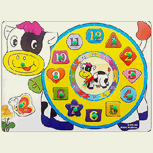 Логическая игрушка ' Часы ' Коровка 14 элементов, деревянная, 30*21,6см, термоупаковка К-9867