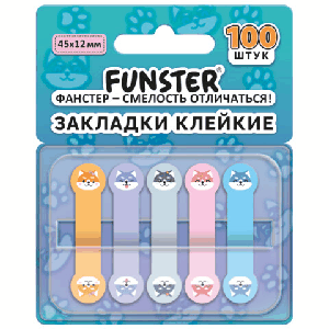 Закладки клейкие Z-сложения FUNSTER (ФАНСТЕР) 'Собаки', 45х12 мм, 100 шт. (5 цветов х 20 листов), в диспенсере, 116692