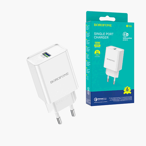 Блок питания сетевой ' Borofone ' BN5 Jingrui белый, 3,0А, QC3.0, 18W, 1 USB, пластик (кабель в комплект не входит)