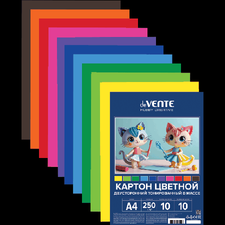 Картон цветной тонированный двусторонний A4 'deVENTE. HOBBY CREATIVE' 250 г/м?, 10 цв, 10 л, пластиковый пакет с европодвесом