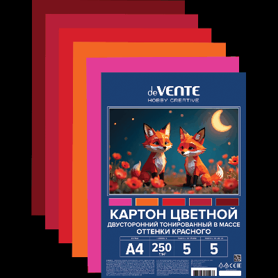 Картон цветной тонированный двусторонний A4 'deVENTE. HOBBY CREATIVE' 250 г/м?, 5 цв, 5 л, пластиковый пакет с европодвесом, оттенки красного цвета