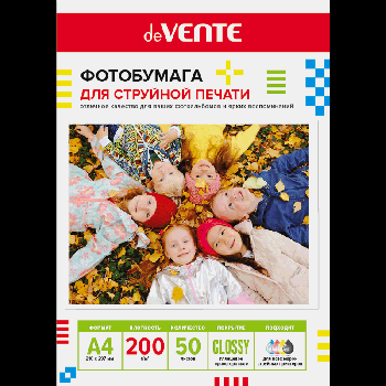 Фотобумага для струйной печати 'deVENTE' A4, 50 л, 200 г/м?, глянцевая односторонняя, в пластиковом пакете с европодвесом