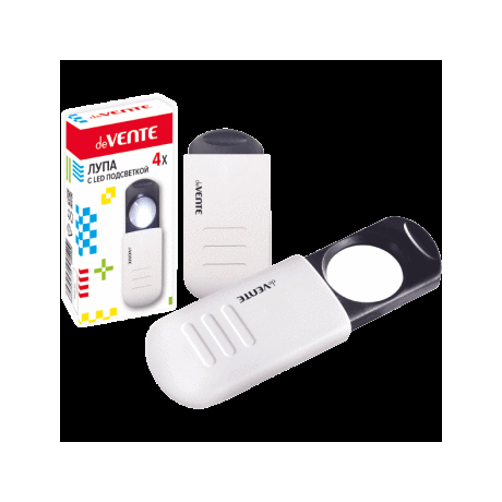 Лупа-слайдер 'deVENTE' со светодиодной подсветкой, с увеличением 4 раза, на 3-х батарейках типа LR44, батарейка в комплекте, стеклянная линза, корпус белый из ABS-пластика, в карто