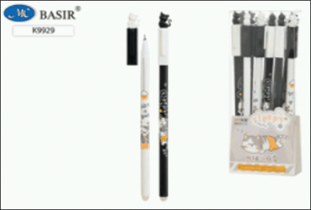 Ручка со стираемыми чернилами гелевая: 'КОТЁНОК'; белый и чёрный корпус с рисунком /ассорти/, колпачок с фигуркой кошки; 0,5 mm, цвет чернил синий.