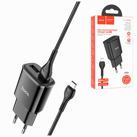 Блок питания сетевой ' Hoco ' C88A Star черный, 2,4А, 2 USB, пластик, кабель micro USB, 1м