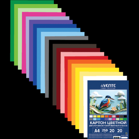 Картон цветной тонированный двусторонний A4 'deVENTE. HOBBY CREATIVE' 250 г/м?, 20 цв, 20 л, пластиковый пакет с европодвесом