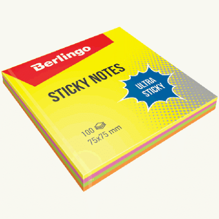 Самоклеящийся блок Berlingo 'Ultra Sticky', 75*75мм, 100л, 4 неоновых цвета