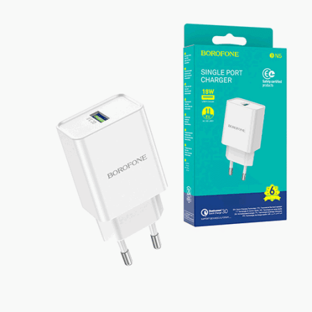 Блок питания сетевой ' Borofone ' BN5 Jingrui белый, 3,0А, QC3.0, 18W, 1 USB, пластик (кабель в комплект не входит)