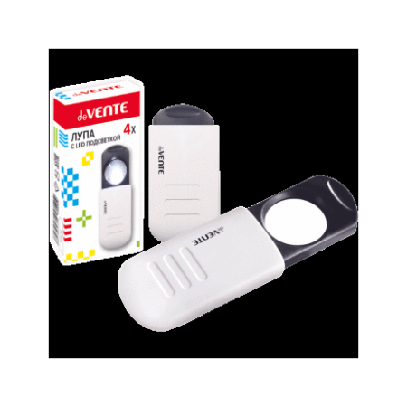 Лупа-слайдер 'deVENTE' со светодиодной подсветкой, с увеличением 4 раза, на 3-х батарейках типа LR44, батарейка в комплекте, стеклянная линза, корпус белый из ABS-пластика, в карто